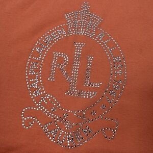 LRL Ralph Lauren T-Shirt Women's P/M Orange Crest Rhinestone Embellished Top Y2K